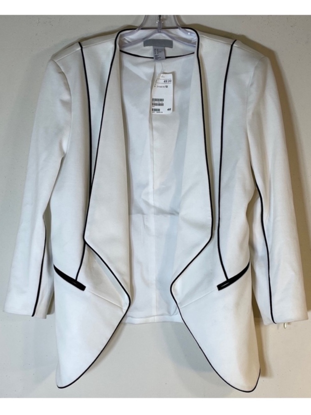 H&M White Open-Front Blazer with Black Piping